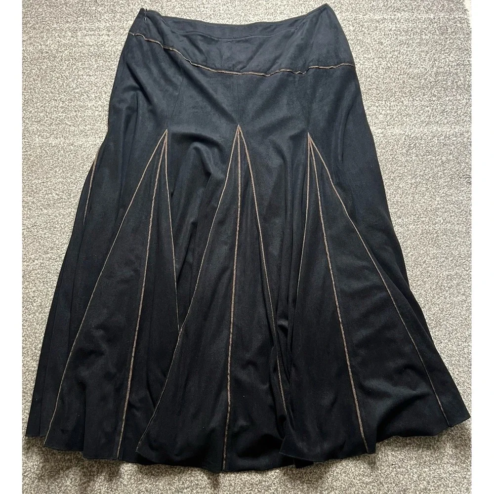 Tribal Sueded‎ Maxi Skirt Size 12 Black Brown Boho Flare Peasant Grunge Goth Y2K